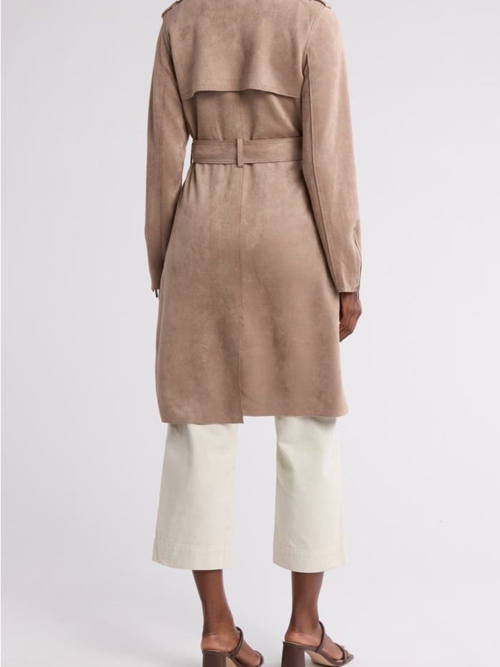 Tahari Women's Natural Faux Suede Trench Coat Taupe Suede Trench Coat with Belt